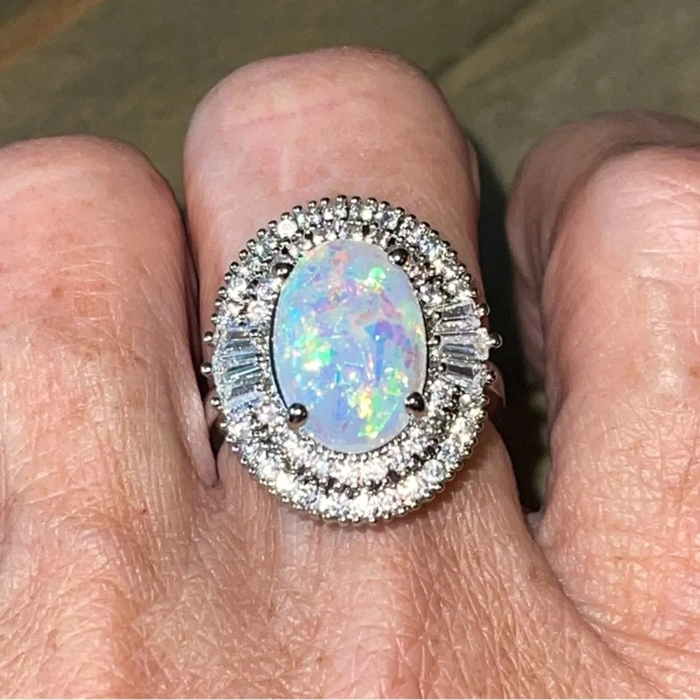 Fire Opal, Lab Created, Cubic Zirconia, Halo, Oval Cut Baguette Ring, Sz 7